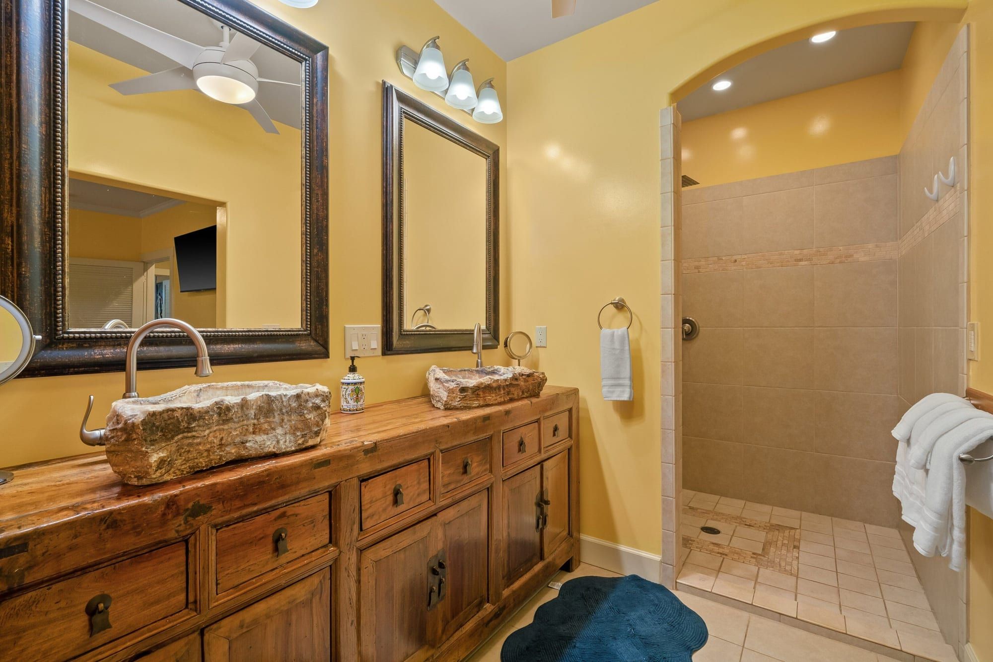 Double vanity with a walk-in shower
