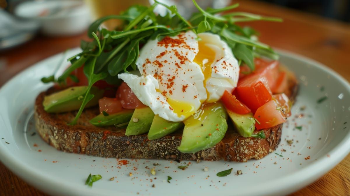 Avocado toast topped with a poached egg and greens