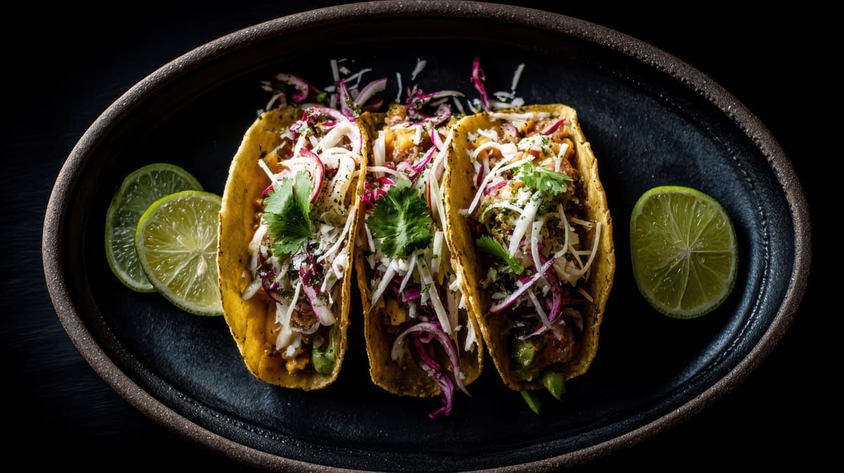 Three fish tacos with cabbage and lime on a dark plate